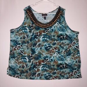 Catherines Knit Tank Women 3X Teal Brown Abstract Beaded Sparkle Scoop Neck